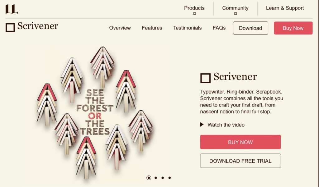 Scrivener is a writing software that provides various features such as outlining, organization, and formatting.